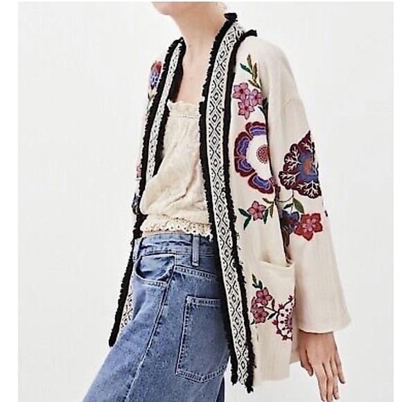🔥 ZARA Stunning Floral Boho Embroidered Kimono Jacket Cotton Size S-M Blogger 💜 - Picture 3 of 9
